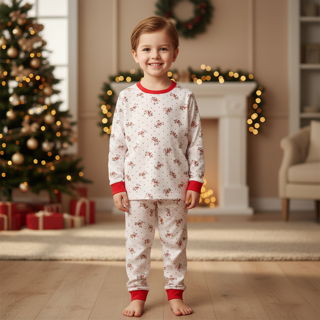 Christmas Reindeer Pajama Set for Kids with Long Sleeves and Matching Pants