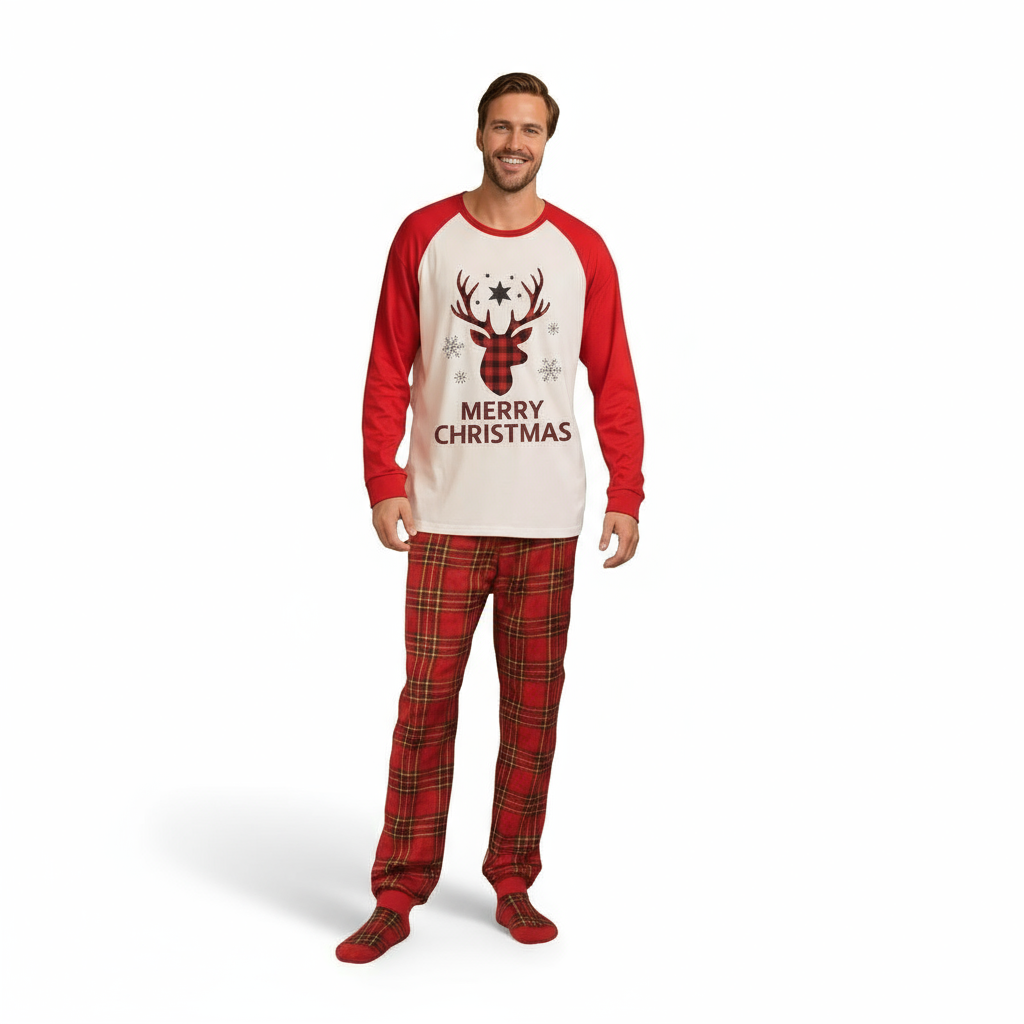 Plaid Reindeer Merry Christmas Family Matching Pajama Set