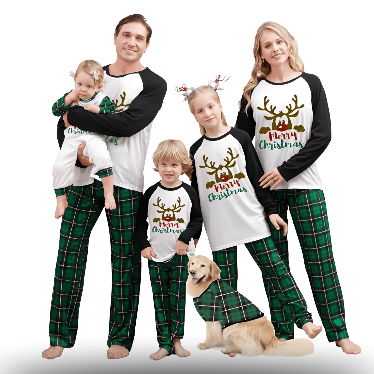 Green Plaid Reindeer Merry Christmas Family Matching Pajama Set