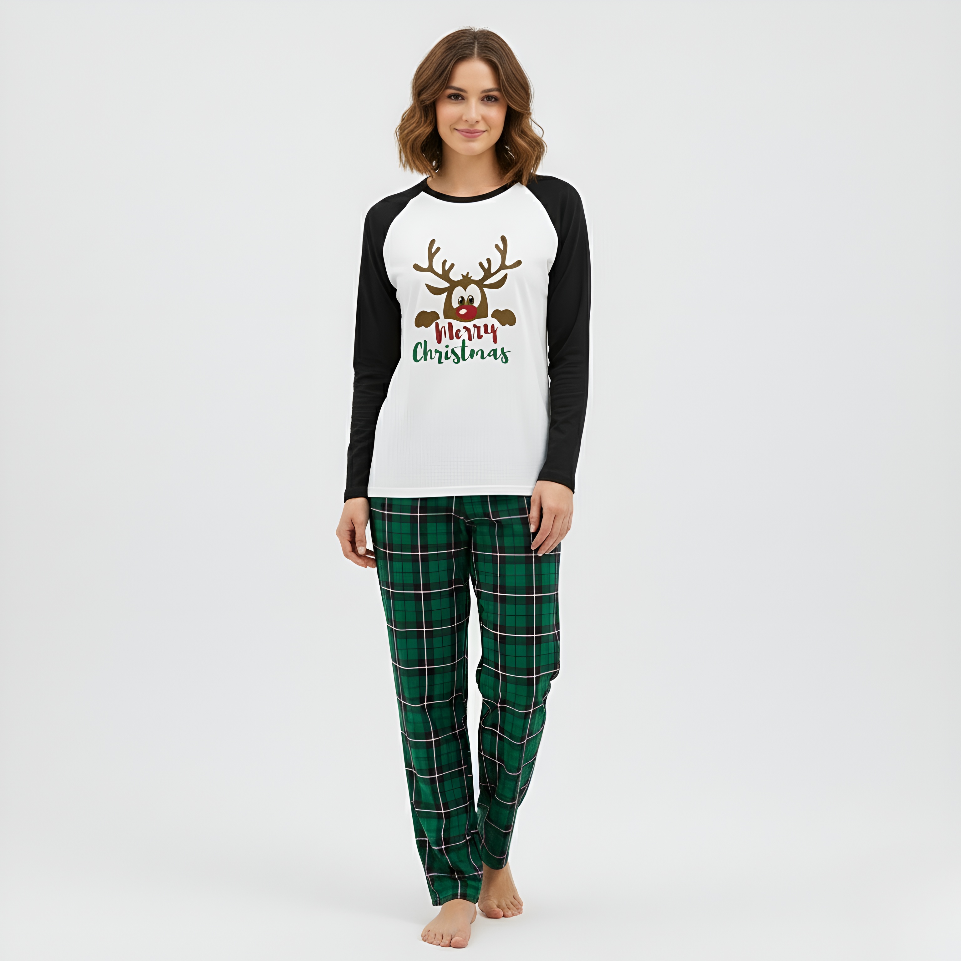 Green Plaid Reindeer Merry Christmas Family Matching Pajama Set