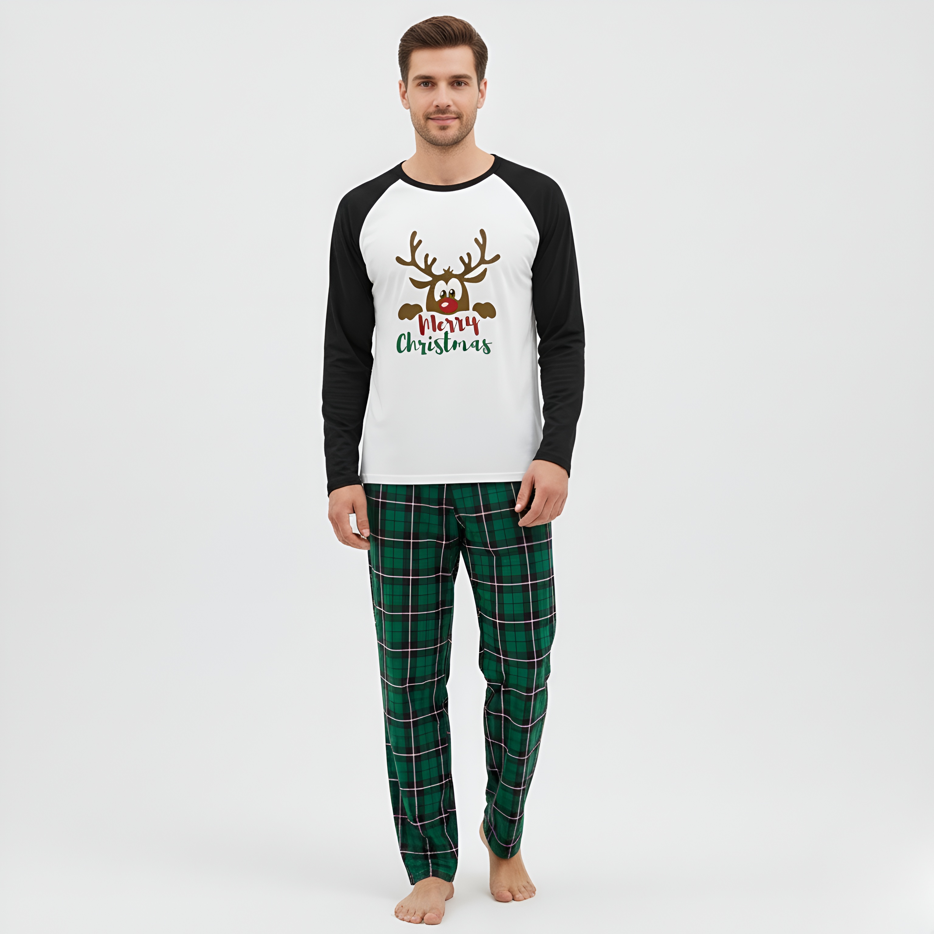 Green Plaid Reindeer Merry Christmas Family Matching Pajama Set