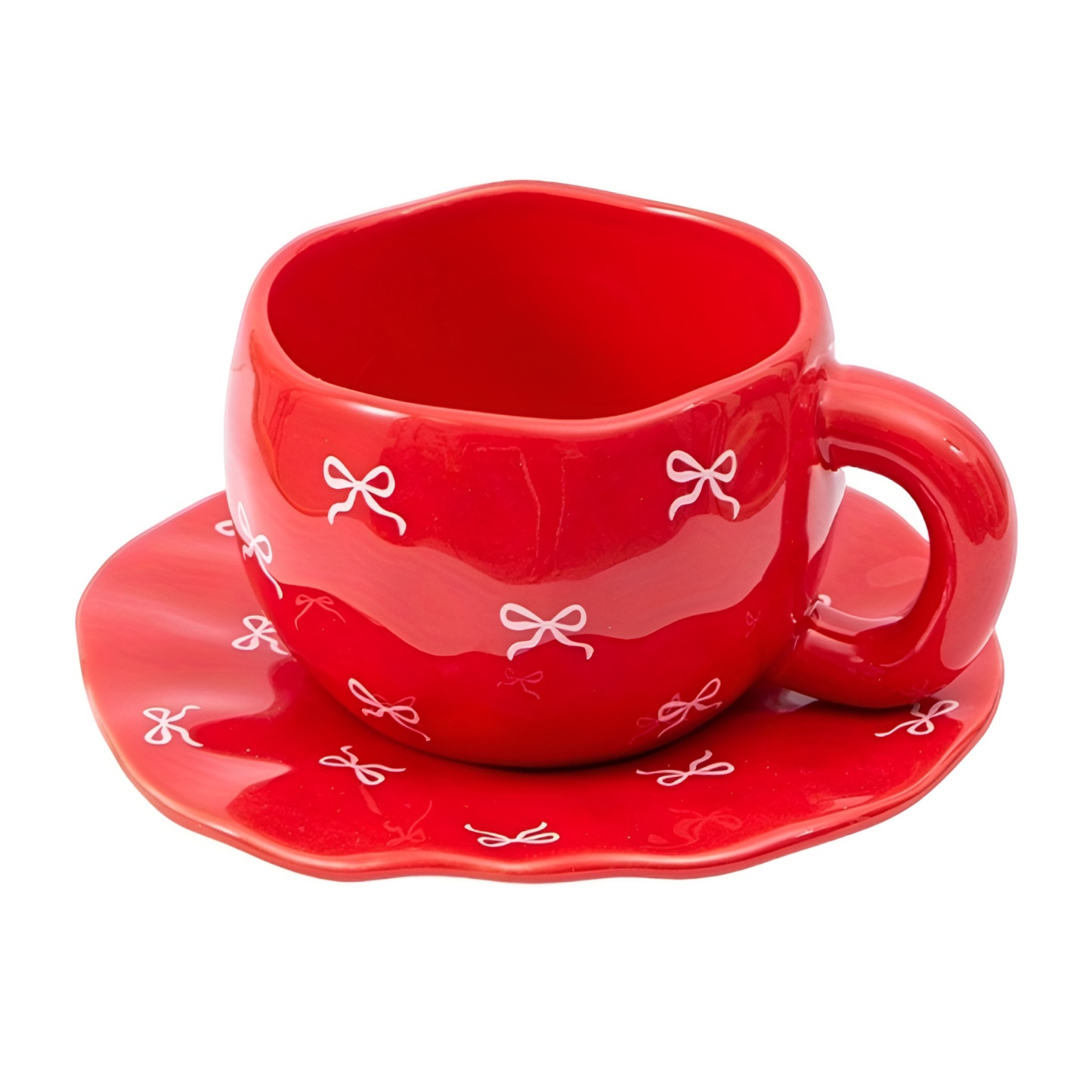 Printed Ceramic Coffee Cup With Irregular Shape And Saucer
