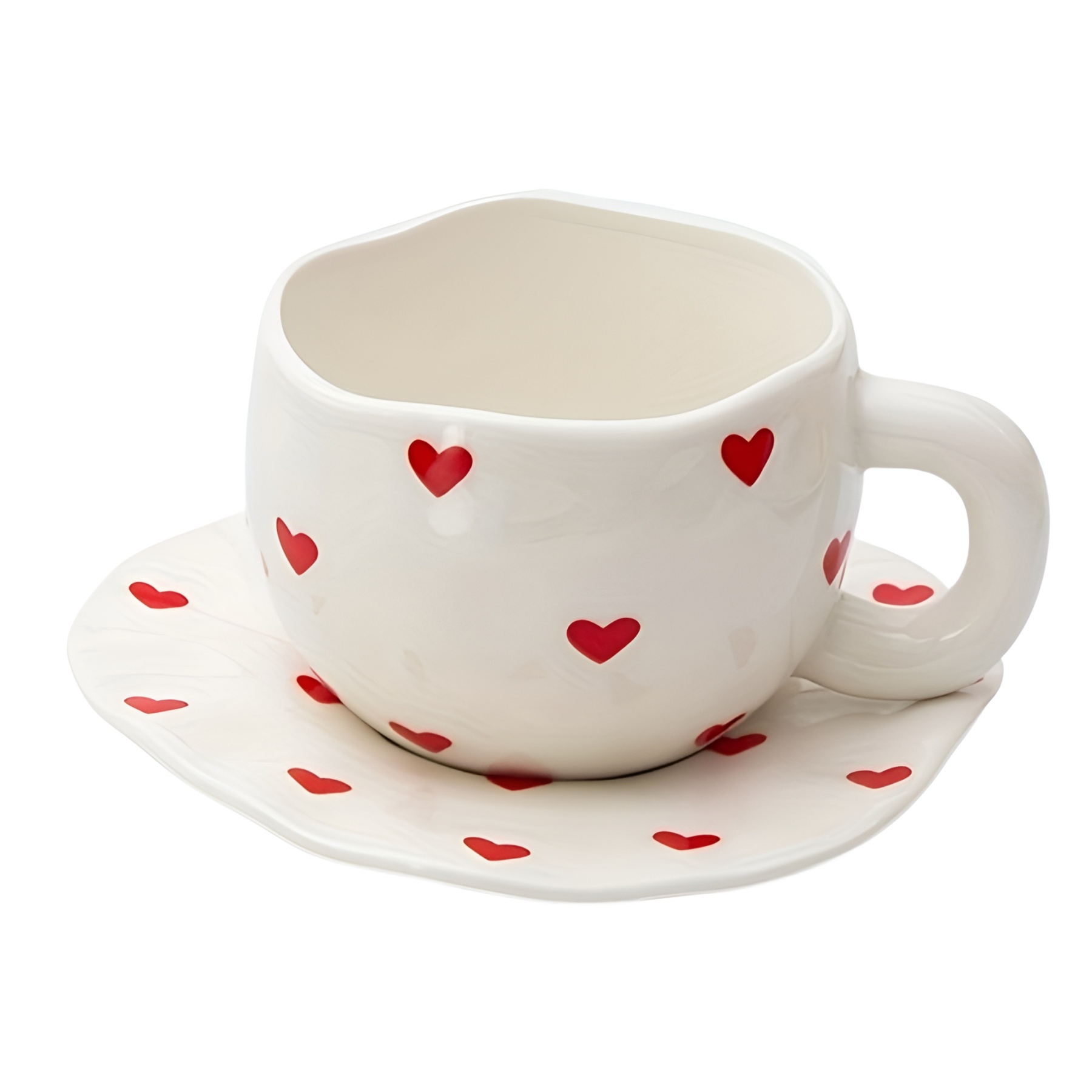 Printed Ceramic Coffee Cup With Irregular Shape And Saucer