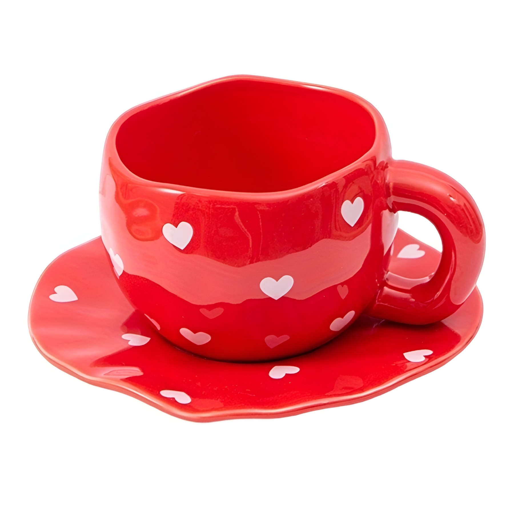 Printed Ceramic Coffee Cup With Irregular Shape And Saucer