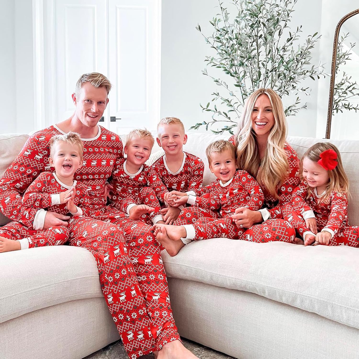 Red Reindeer Design Matching Family Christmas Pajamas With Long Sleeve Tops And Loungewear
