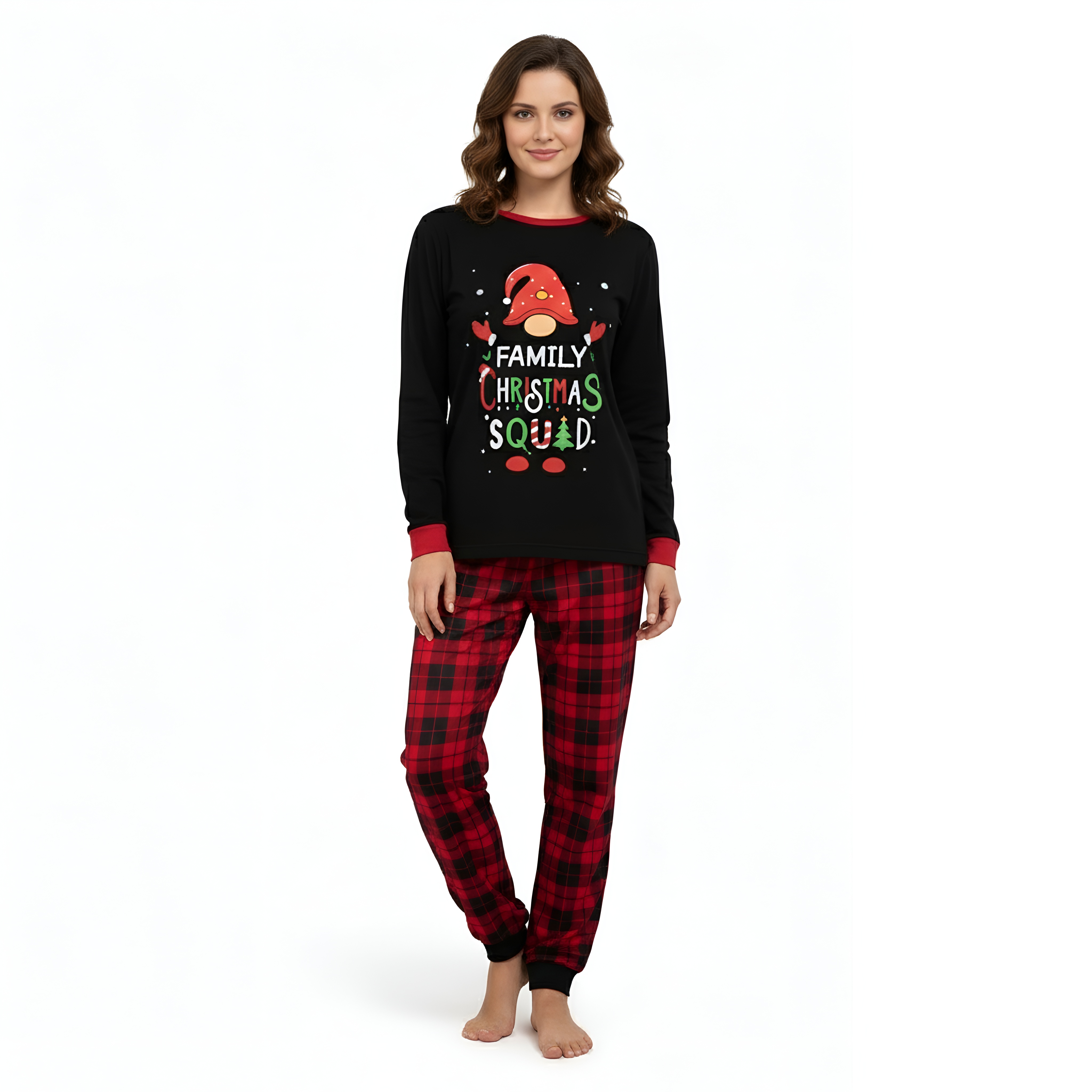 Santa Gnome Family Christmas Squad Printed Family Matching Plaid Pajama Set