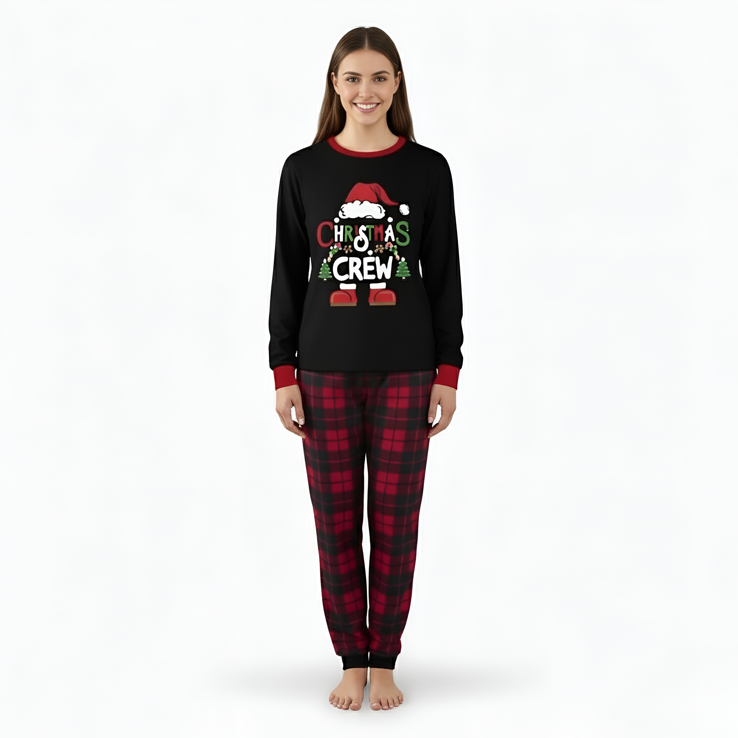 Santa Hat Christmas Crew Printed Family Matching Plaid Pajama Set