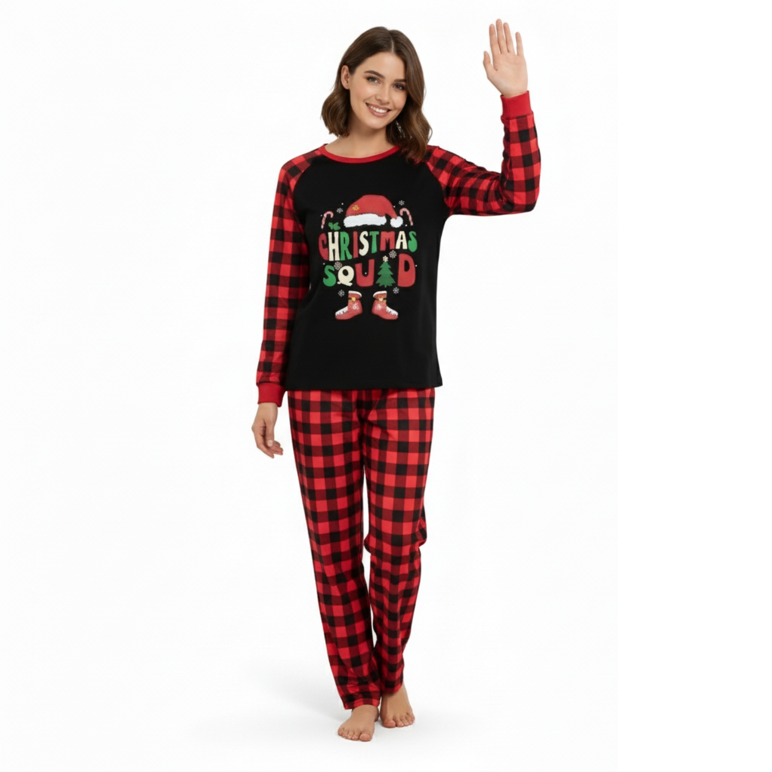 Santa Hat Christmas Squad Printed Family Matching Plaid Pajama Set