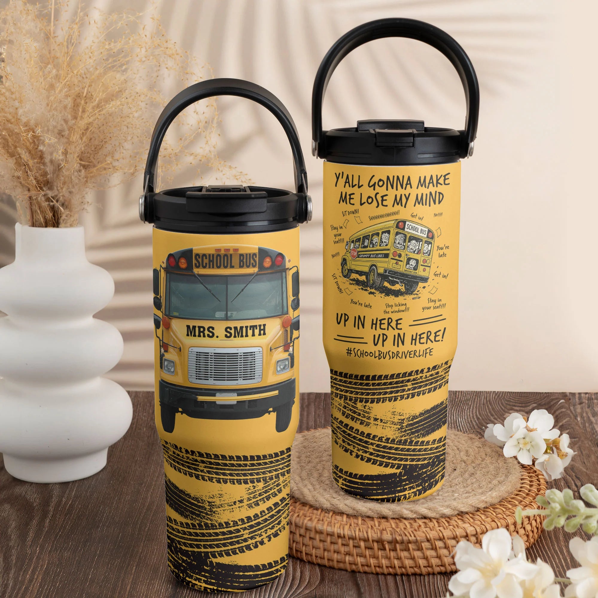 School Bus Driver Life Custom Name Gift Personalized 30oz Tumbler With Handle