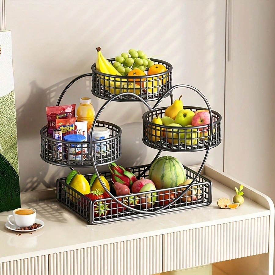 1PC 3-Tier Black Heart-Shaped Fruit Basket Bowl, Countertop Storage & Display Rack