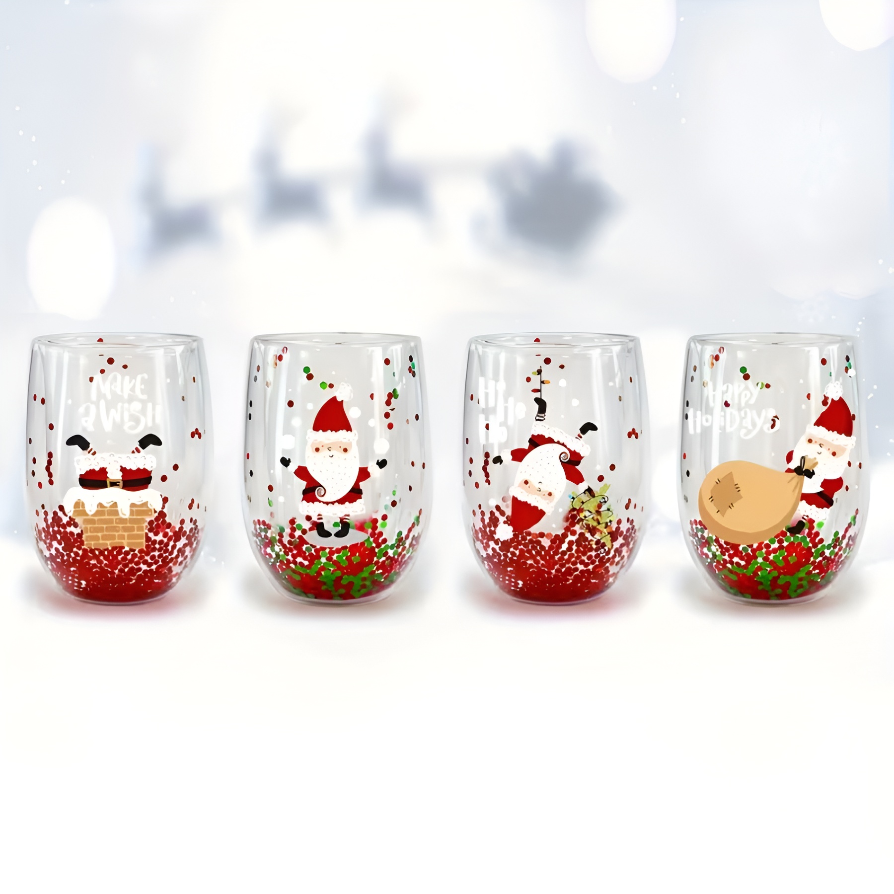 Set Of 4 Christmas Double Walled Insulated Glass Cup With Santa Design