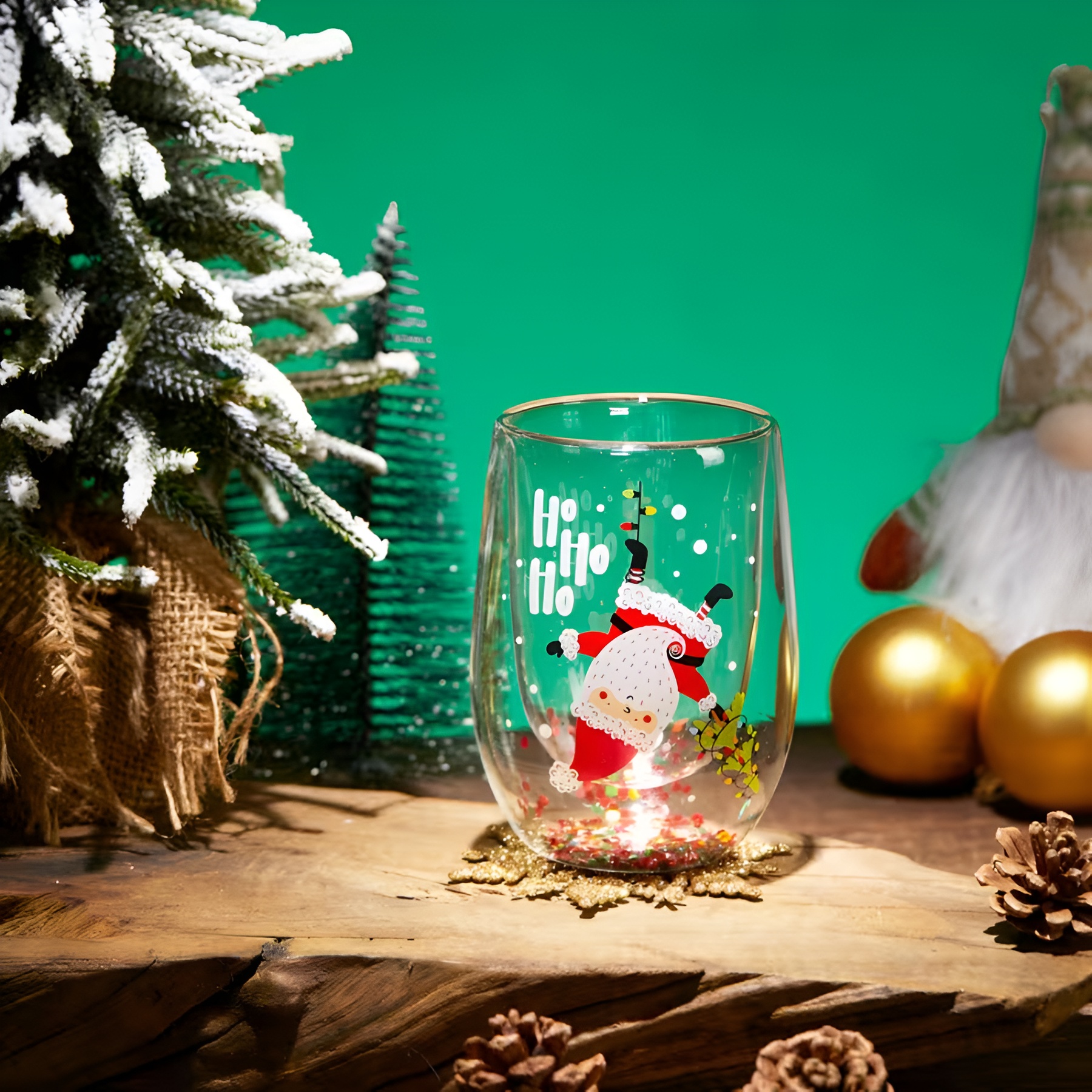 Set Of 4 Christmas Double Walled Insulated Glass Cup With Santa Design