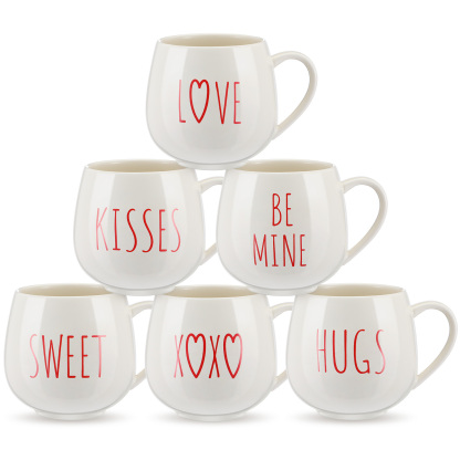 Set Of 6 Valentine Theme Letter Print Ceramic Coffee Mug Set