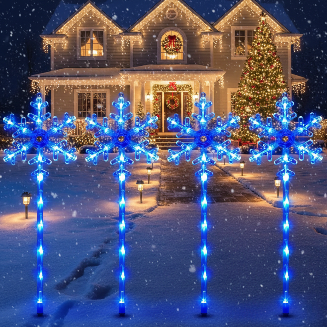 Four solar snowflake pathway lights with blue LED stakes in snow, holiday-lit house with tall outdoor tree visible in background