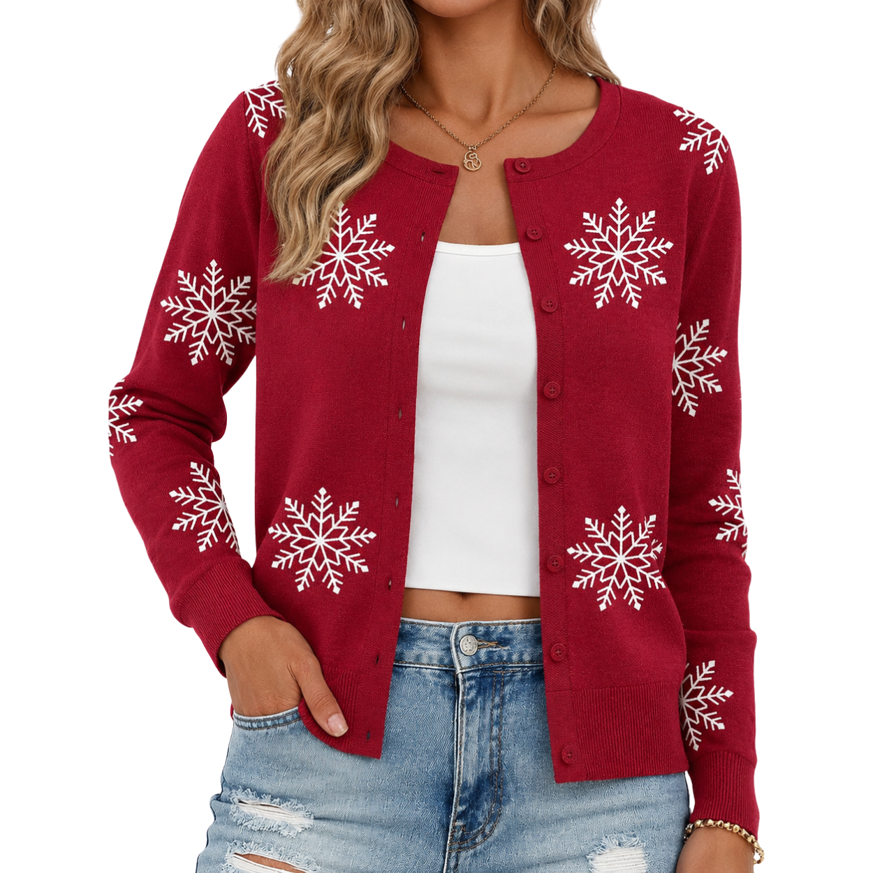 Christmas Snowflake Button Cardigan Sweater For Women