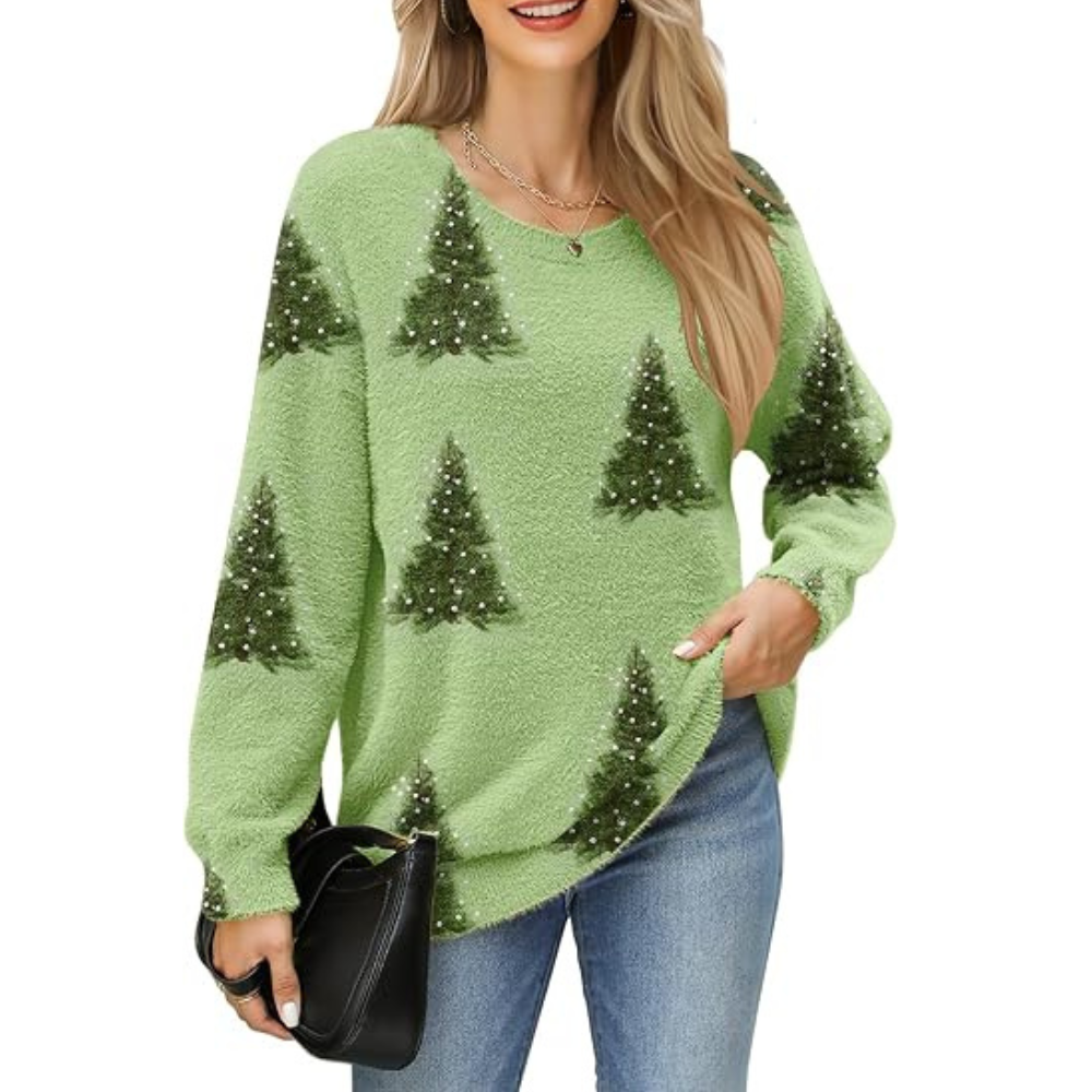 Christmas Tree Graphic Fuzzy Knit Oversized Pullover Sweater for Women