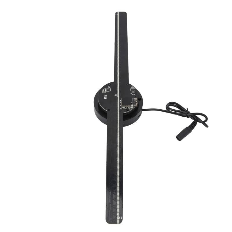 LED hologram fan unit with LED blade strip and round black motor hub shown flat, power cable attached, on a white background