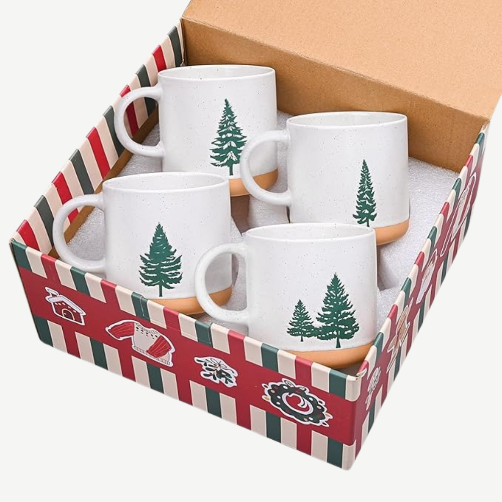 Seasonal Ceramic Evergreen Pattern Mug Set