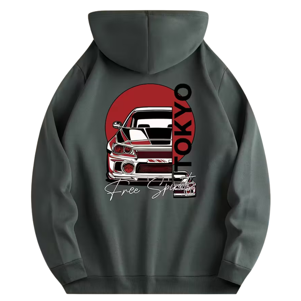 Tokyo Motorcycle Print Casual Drawstring Pullover Front Kangaroo Pocket Hoodie