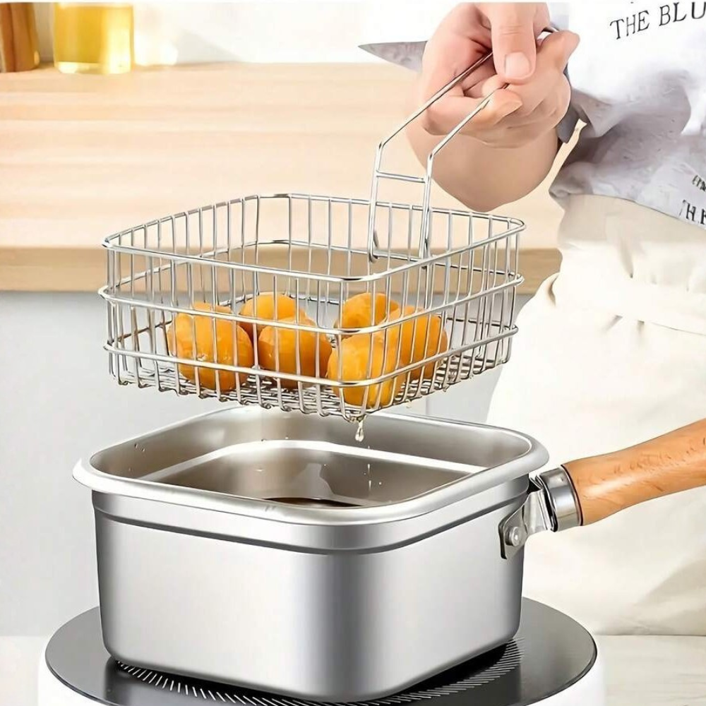 Stainless Steel Square Frying Pan, Household Milk Pot Noodle Pot, Outdoor Portable Tempura Fryer, Compatible With Common Stoves, For Cooking, Holding Soup, Serving Food