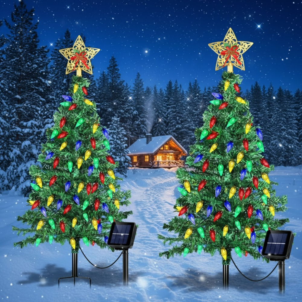 Two solar Christmas tree pathway lights with multicolor C6 LEDs and gold star toppers staked in a snowy outdoor scene with a cabin in the background