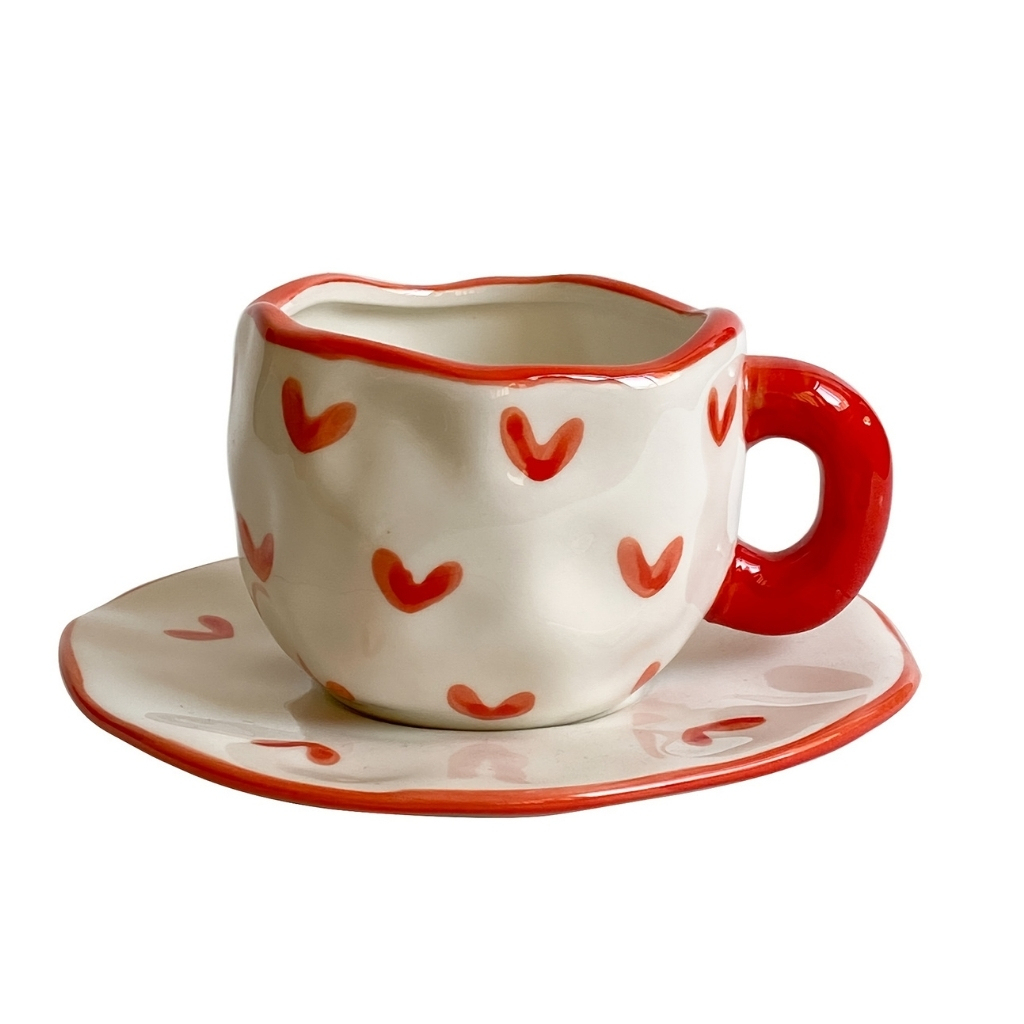 Valentine Theme Irregular Ceramic Coffee Cup And Saucer Set