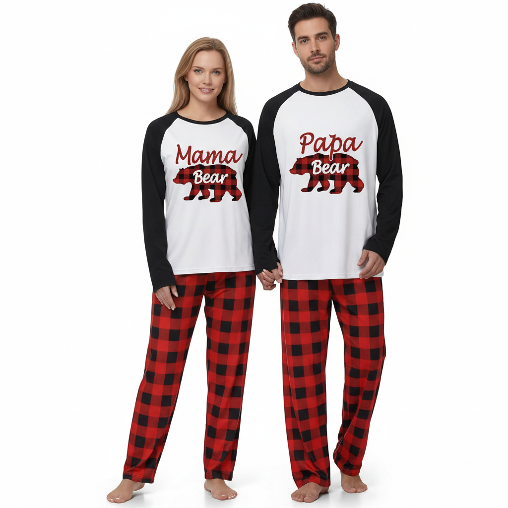 Matching Family Christmas Pajamas Sets With Bear Print For Winter Holidays