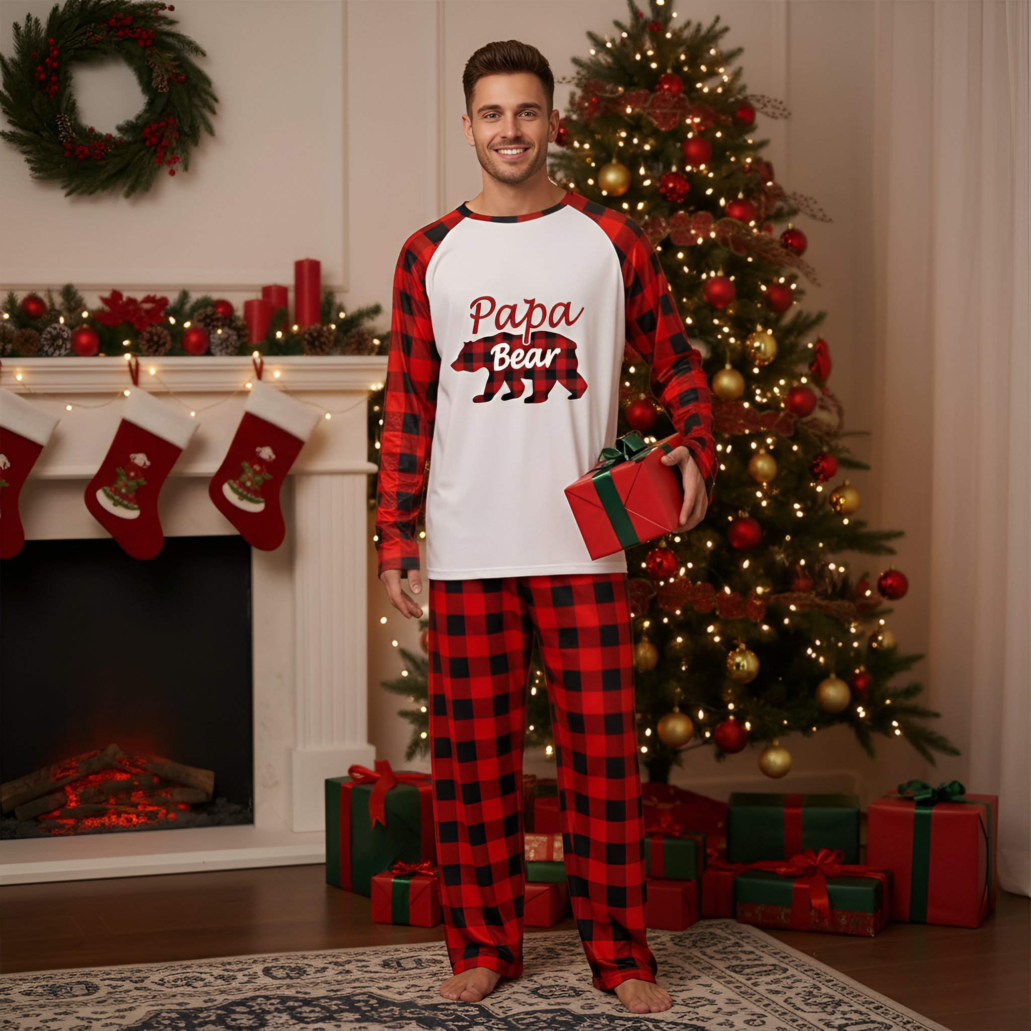 Matching Family Christmas Pajamas Sets With Bear Print For Winter Holidays