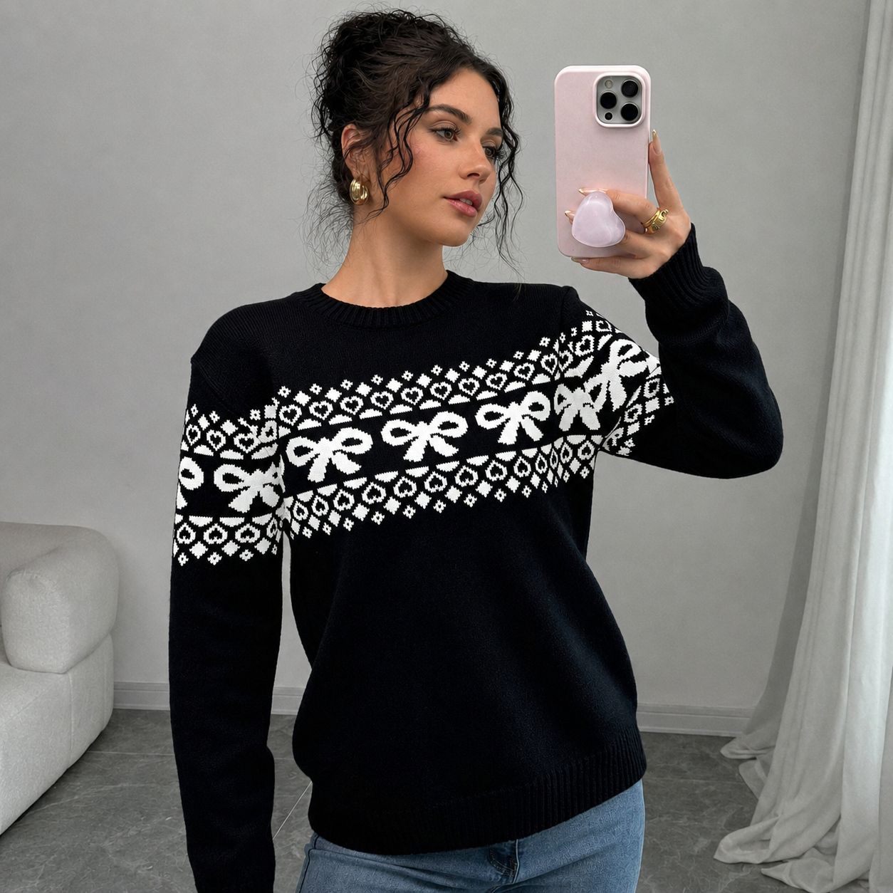 Casual Minimalist Everyday Bow Decor Christmas Sweater For Women