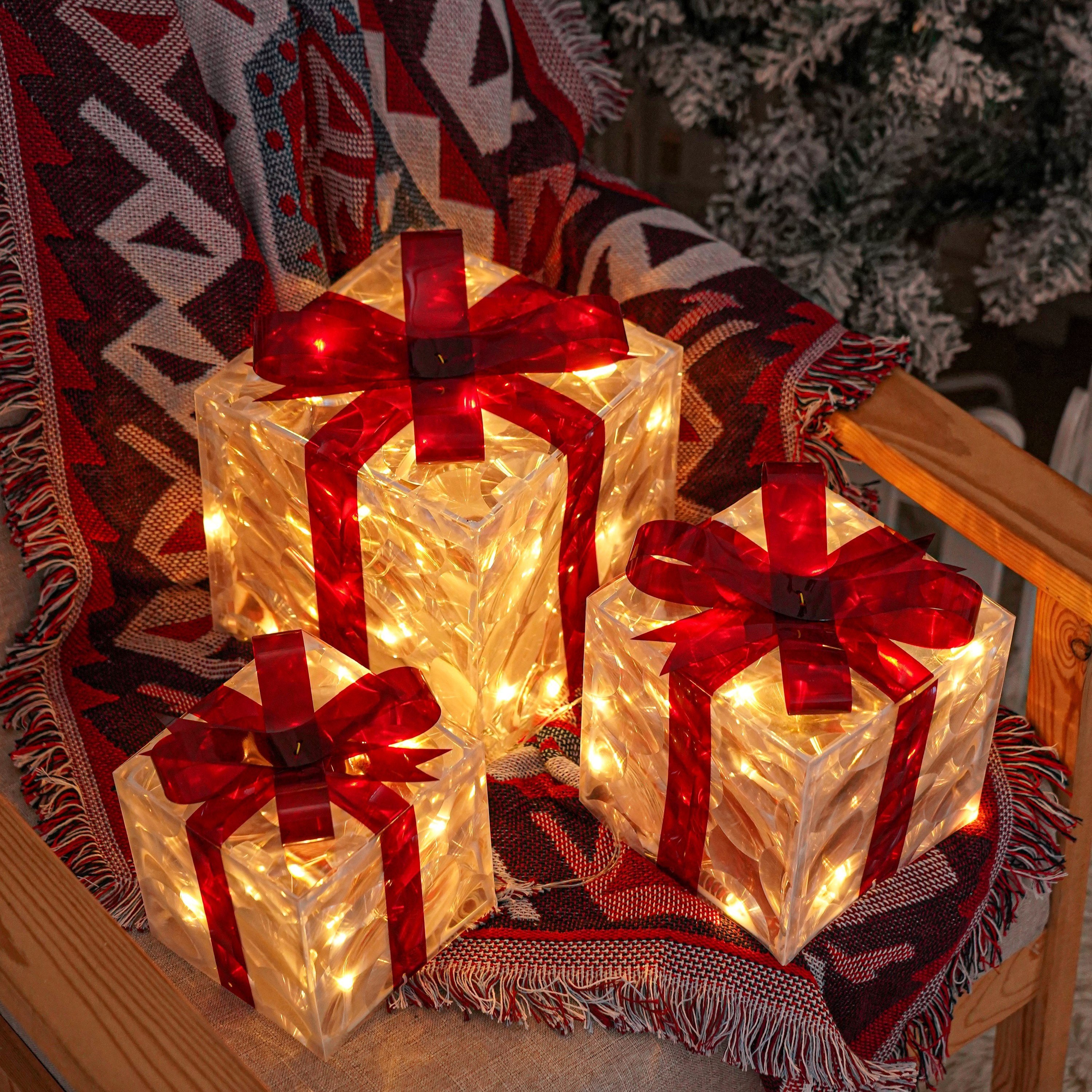 LED Lighted Gift Boxes with Decorative Bows for Christmas Tree Display