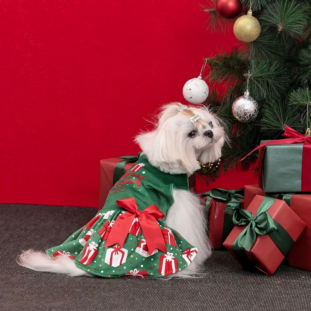 Christmas Printed Velvet Dress For Dogs  