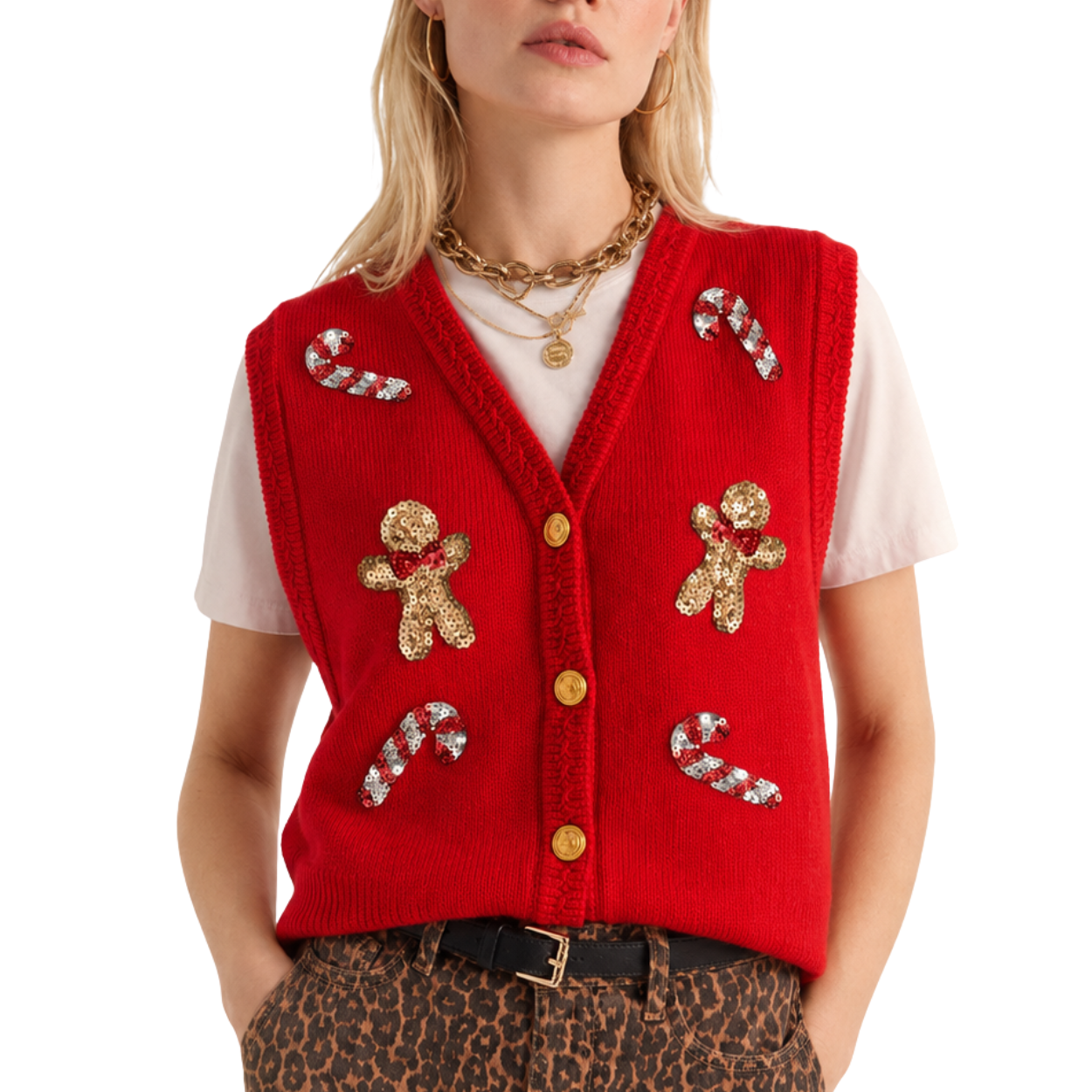 Casual Sleeveless Christmas Themed Cardigan Sweater For Women