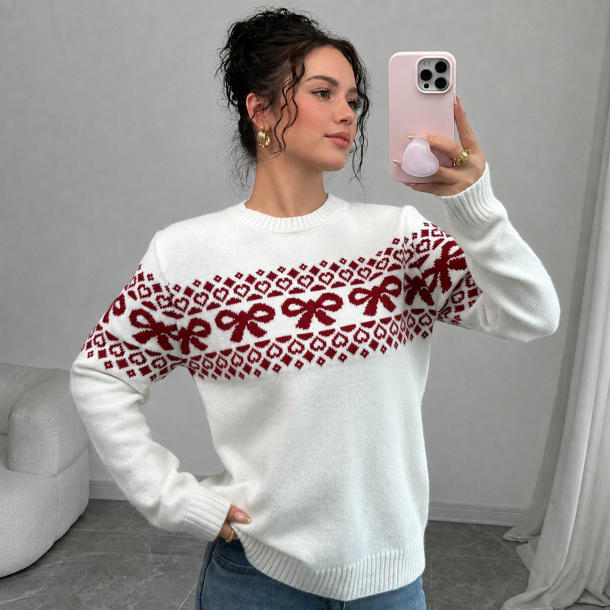 Casual Minimalist Everyday Bow Decor Christmas Sweater For Women