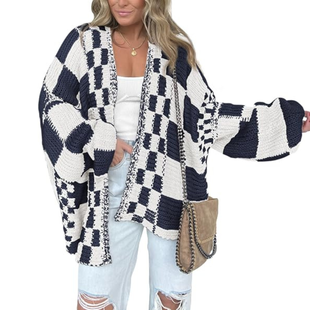 Casual Long Sleeve Checkered Chunky Cardigan For Women