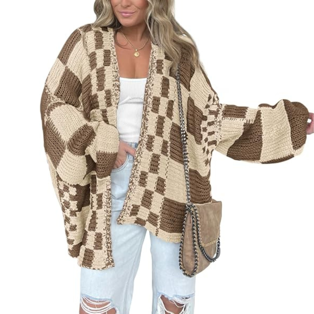 Casual Long Sleeve Checkered Chunky Cardigan For Women