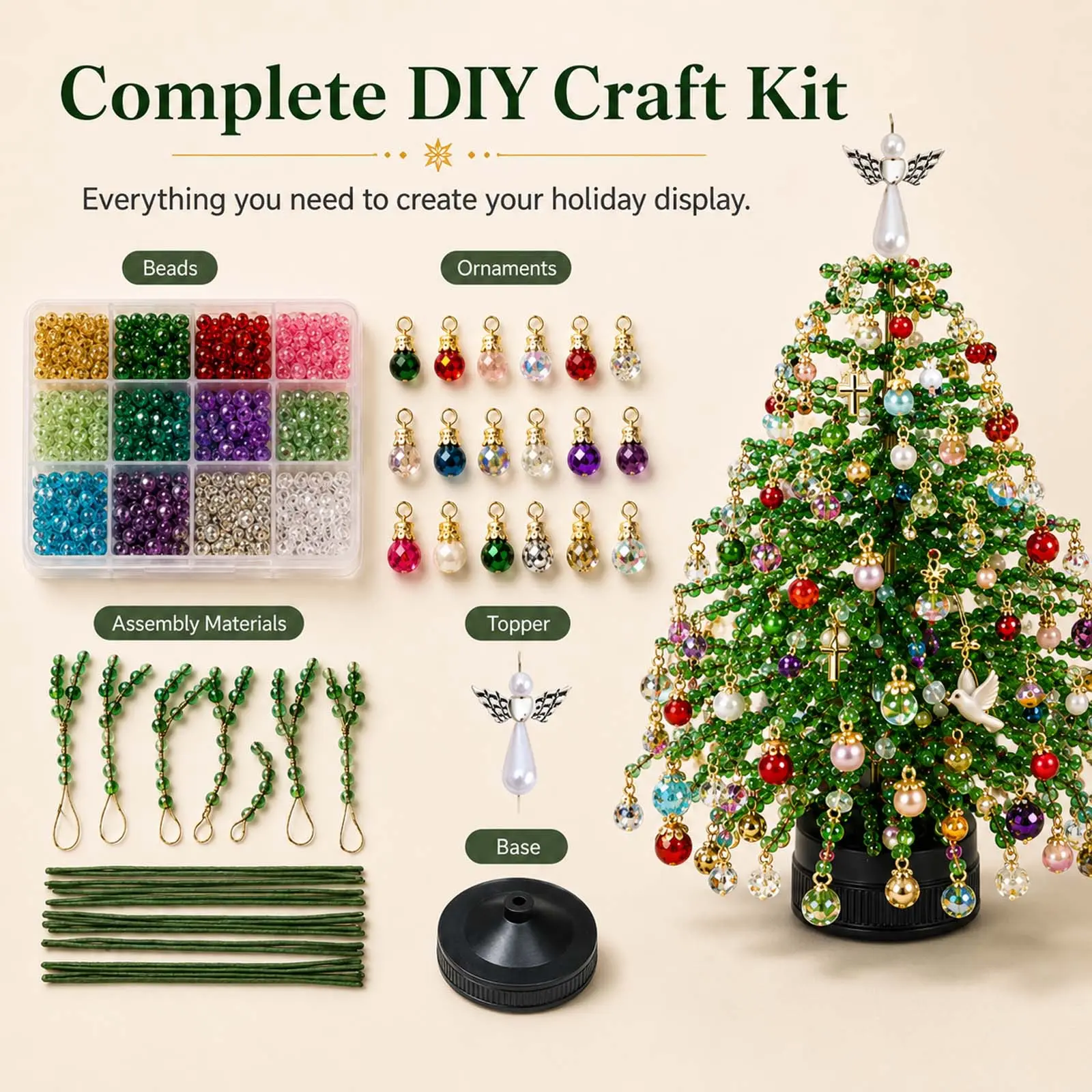 DIY Beaded Christmas Tree Kit, Handmade Sparkling Tabletop Xmas Decor with Angel Tree Topper, Complete Craft Supplies Set, Holiday DIY Gift for Adults Family Home Decoration, 5 Styles Available