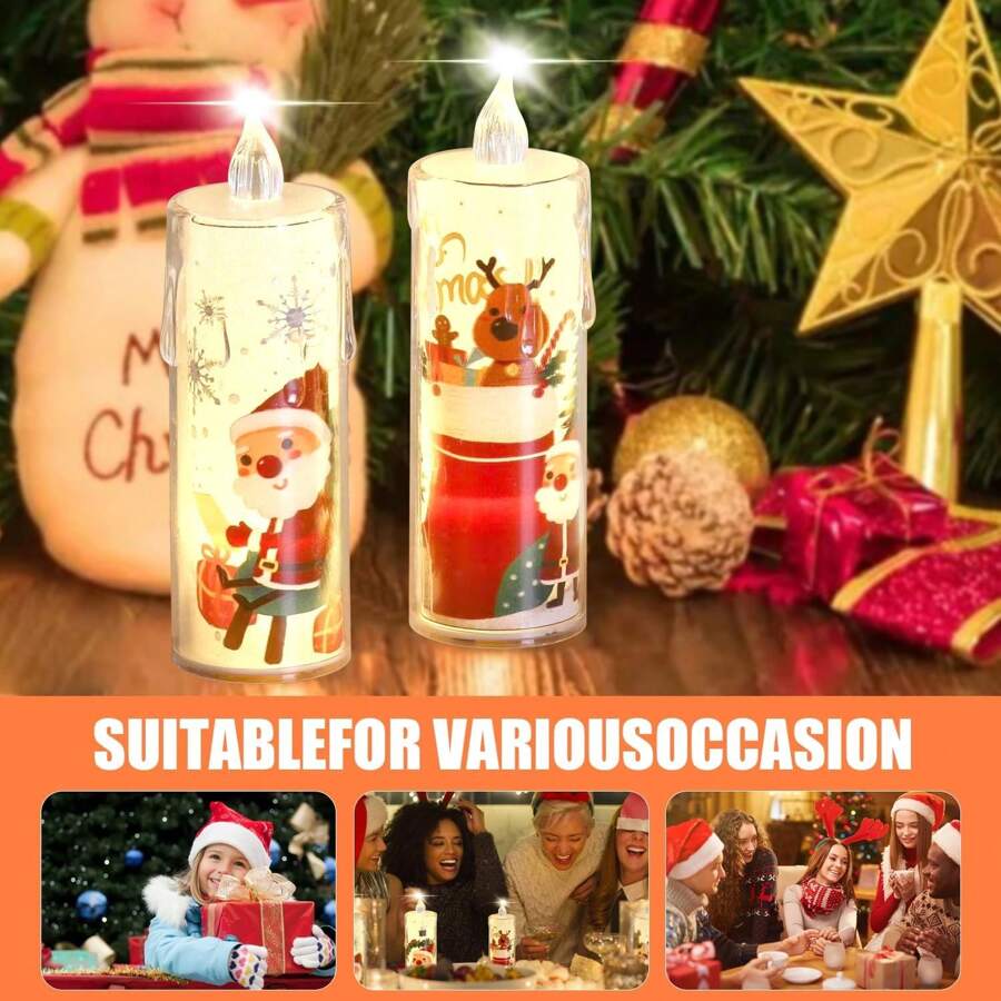 4pcs LED Electronic Candle Lights, Santa Claus Christmas Tree Decor Transparent Candle Night Light, Christmas Decor Candles, Create Christmas Atmosphere, Party Decor, Candle Model And Base Model, With Detachable Base (Pattern Random), Room Decor, Christmas Decor, Christmas Lights, Bedroom Decor, Home Decor, Party Decor, Holiday, Christmas Gift, Thanksgiving, Christmas Tree Decorations - Warm Color - View 7