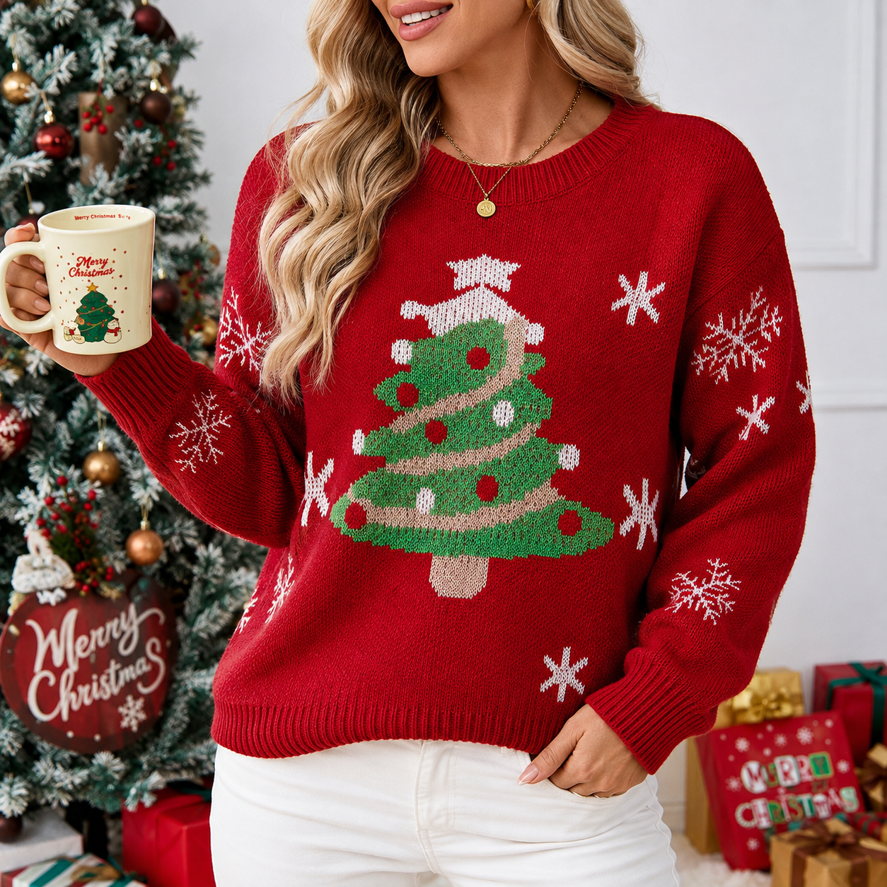 Christmas Tree Pattern Long Sleeve Casual Pullover Sweater For Women