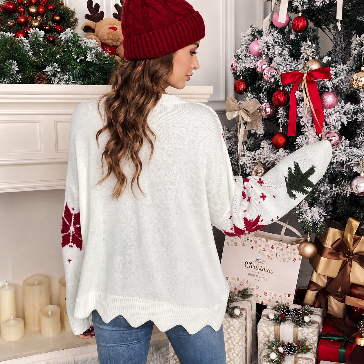 Casual Christmas Pattern Scallop Trim Sweater For Women