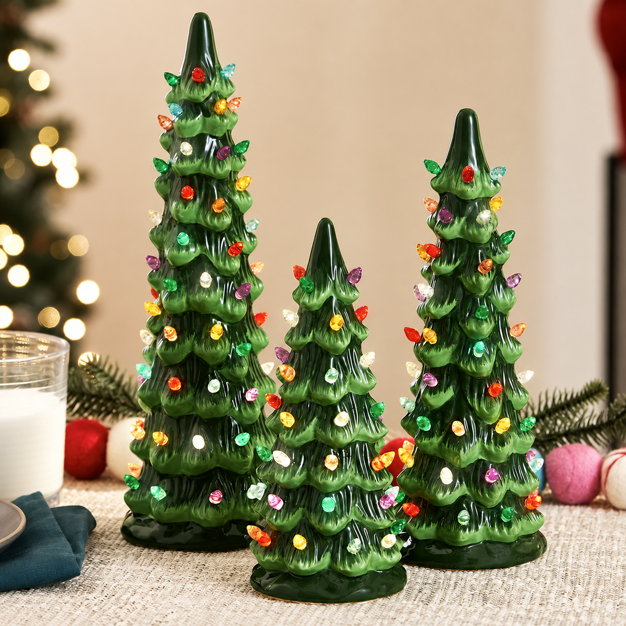 Set of 3 Pre Lit Painted Ceramic Tabletop Christmas Trees
