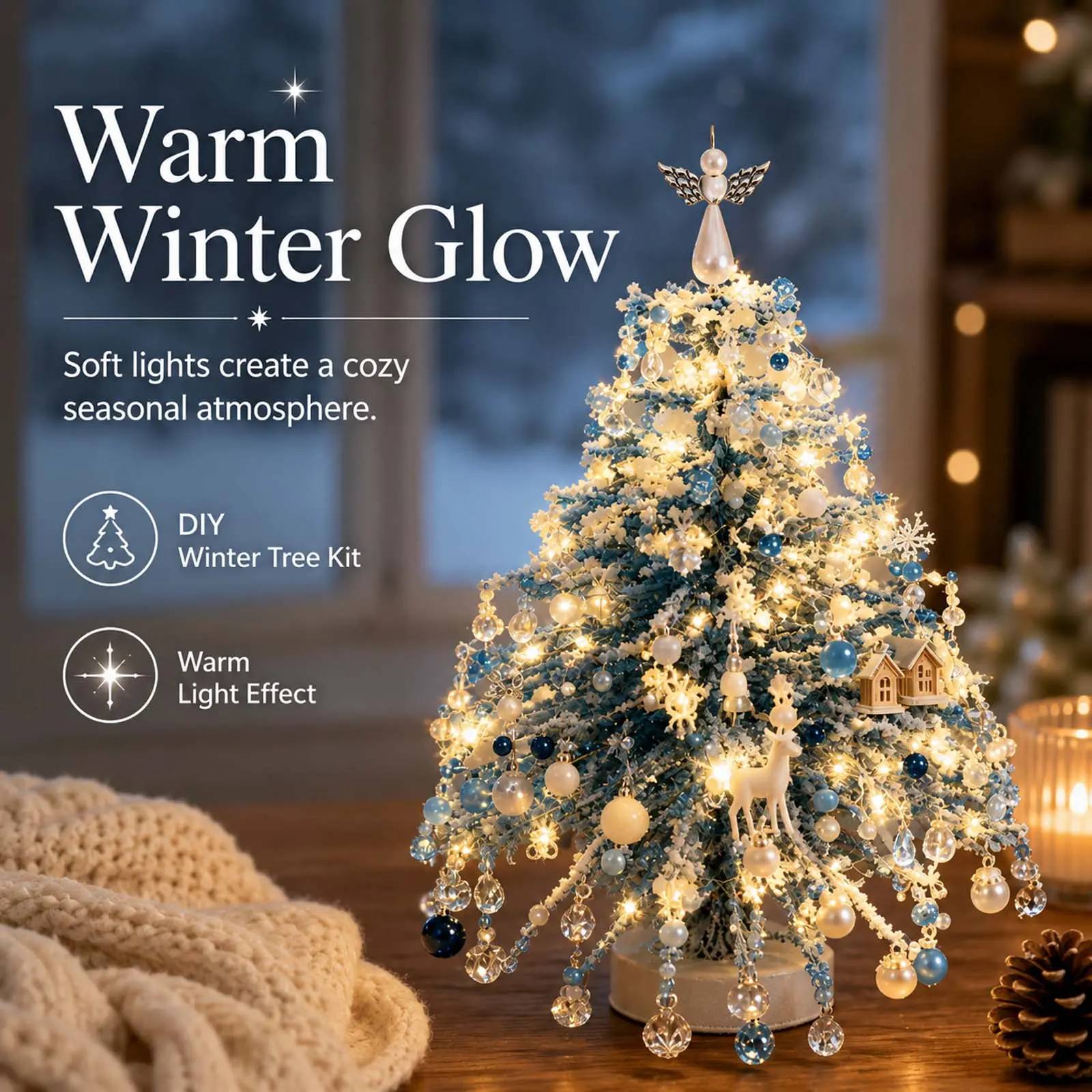 DIY Beaded Christmas Tree Kit, Handmade Sparkling Tabletop Xmas Decor with Angel Tree Topper, Complete Craft Supplies Set, Holiday DIY Gift for Adults Family Home Decoration, 5 Styles Available