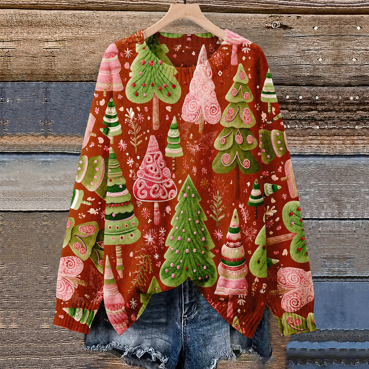 Plus Size 3D Casual Printed Knit Christmas Pine Tree Sweater For Women