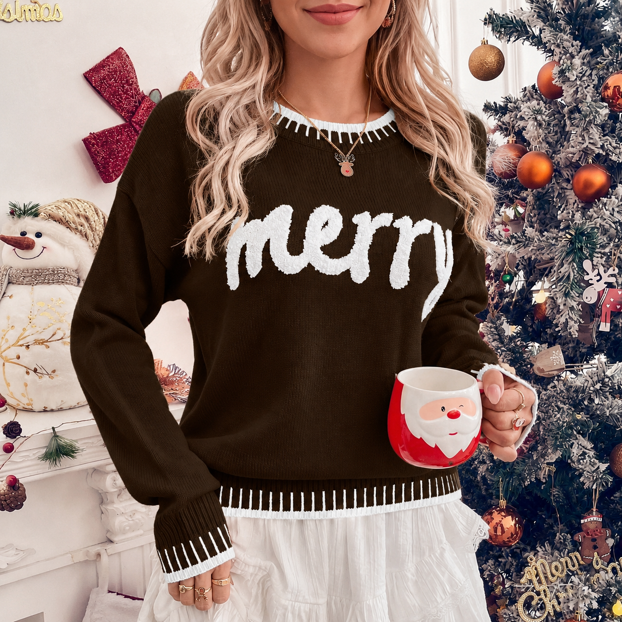  Christmas Themed Text Graphic Long Sleeve Sweater For Women