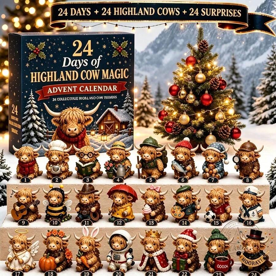 2026 Christmas Scottish Highland Cow Advent Calendar Countdown Box Holiday Home Decor Surprise Mystery Gift Cowhide Ornament - A - View 1