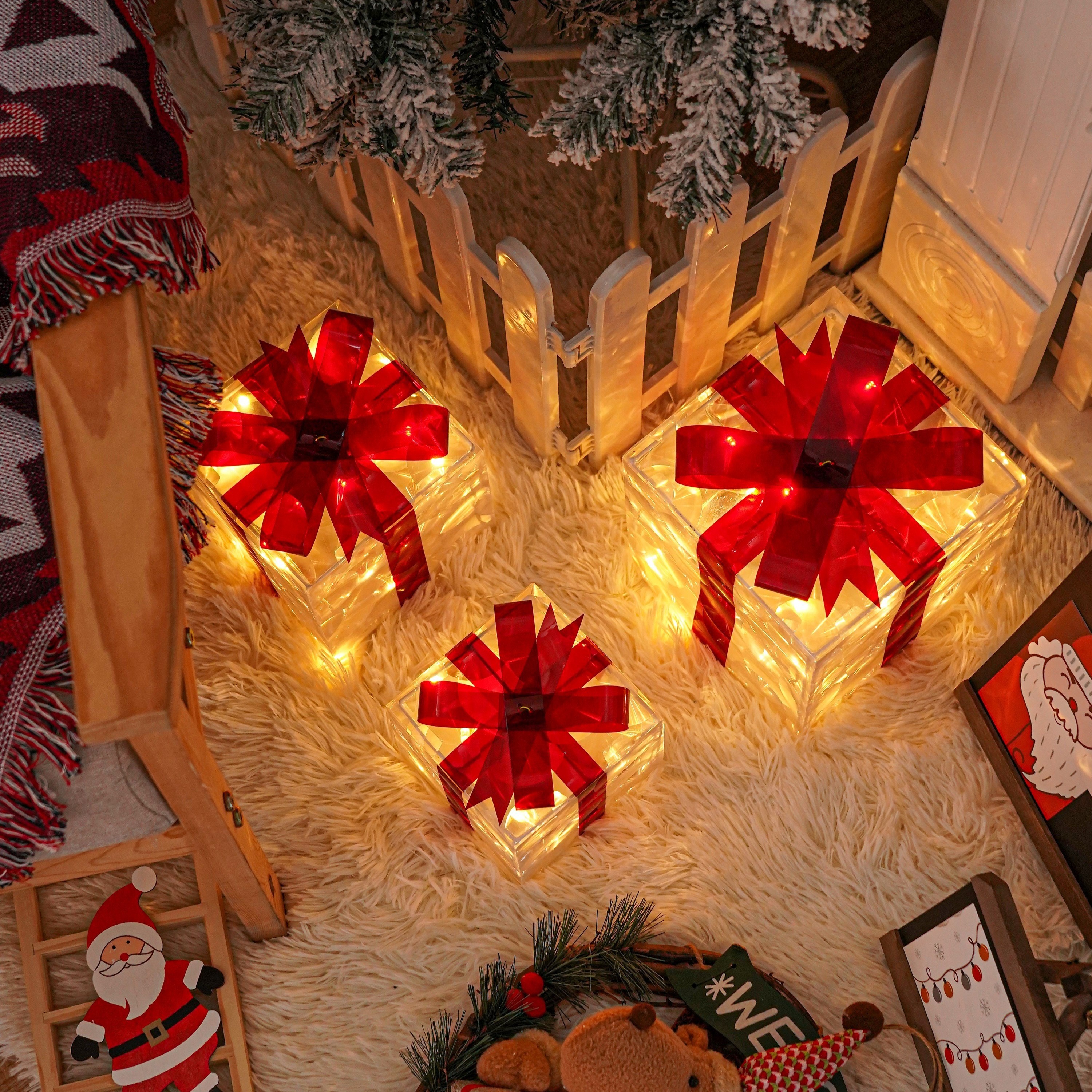 LED Lighted Gift Boxes with Decorative Bows for Christmas Tree Display