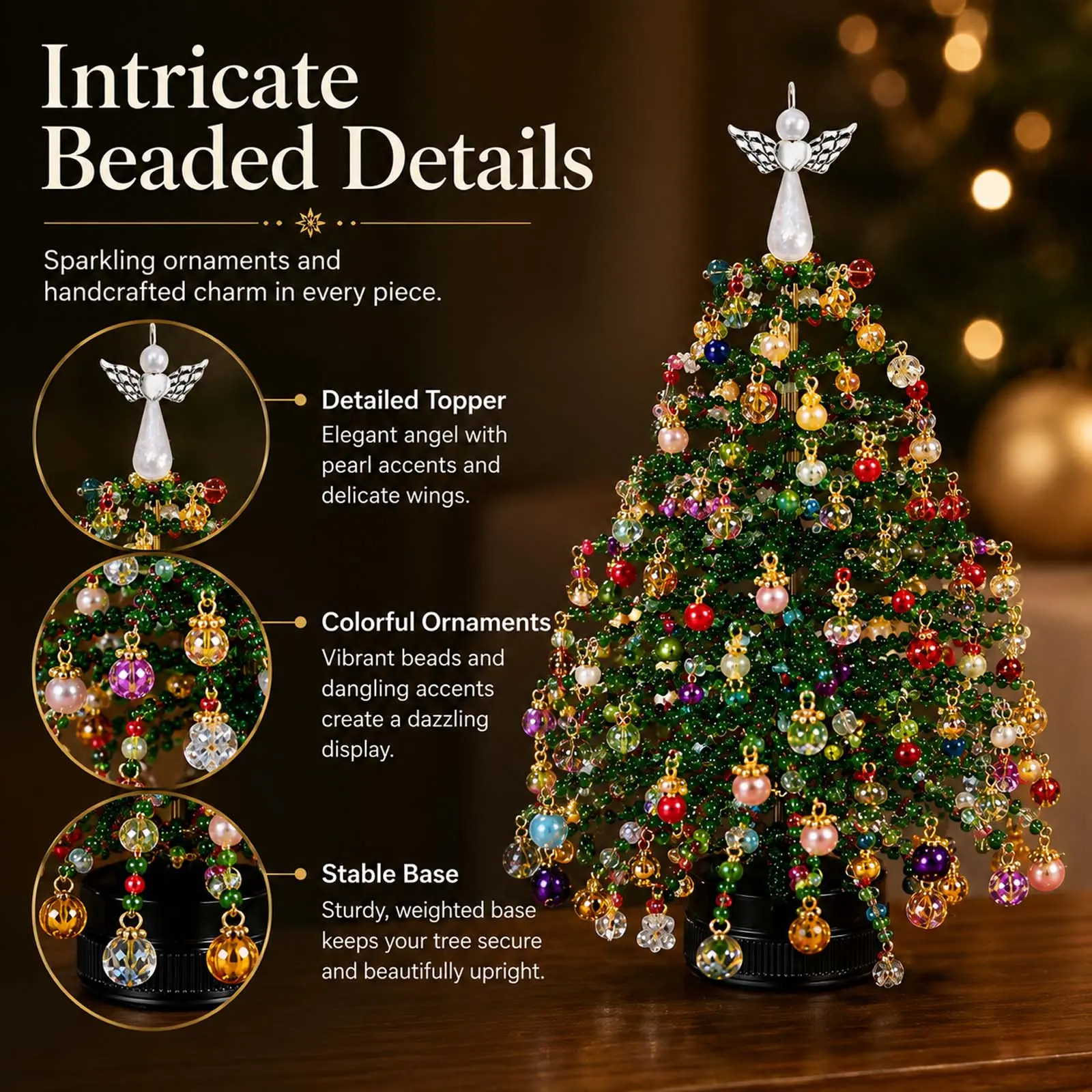 DIY Beaded Christmas Tree Kit, Handmade Sparkling Tabletop Xmas Decor with Angel Tree Topper, Complete Craft Supplies Set, Holiday DIY Gift for Adults Family Home Decoration, 5 Styles Available