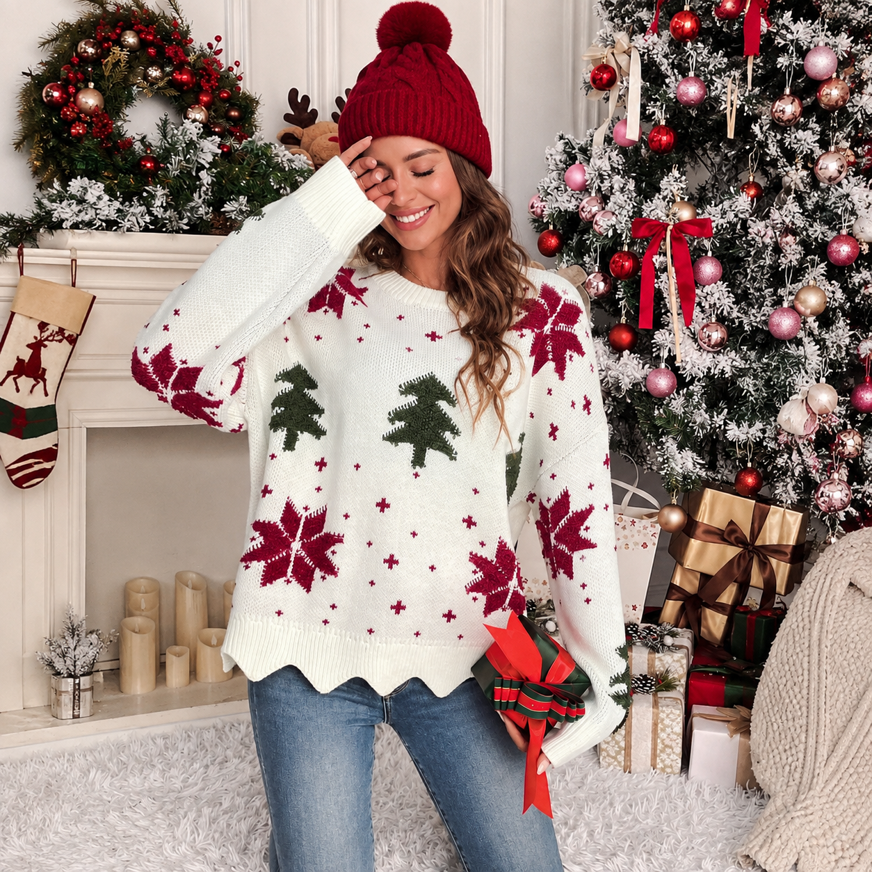 Casual Christmas Pattern Scallop Trim Sweater For Women