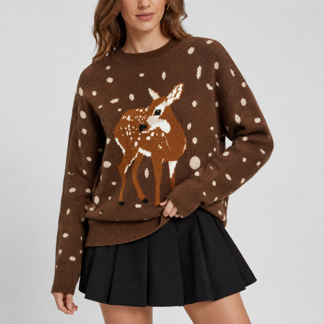 Polka Dot Deer Graphic Printed Sweater For Women