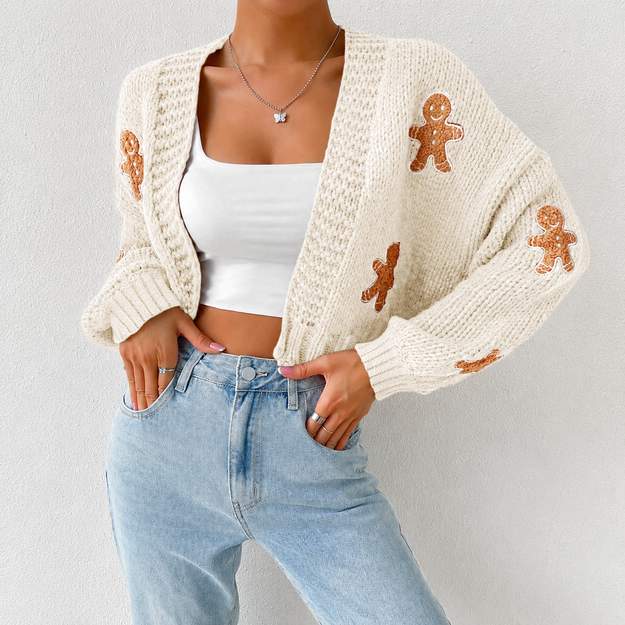 Cropped Knit Gingerbread Pattern Christmas Cardigan Sweater For Women