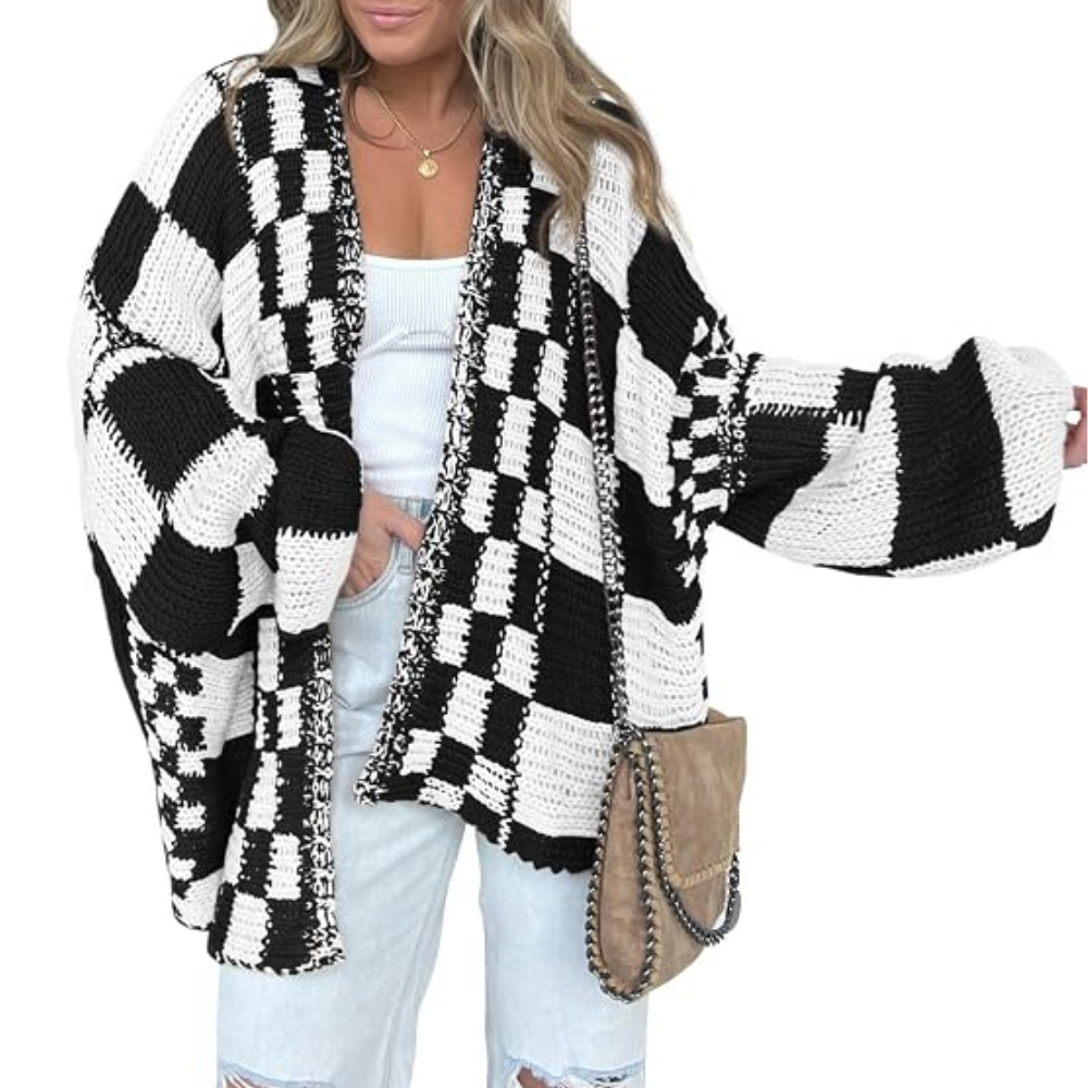 Casual Long Sleeve Checkered Chunky Cardigan For Women